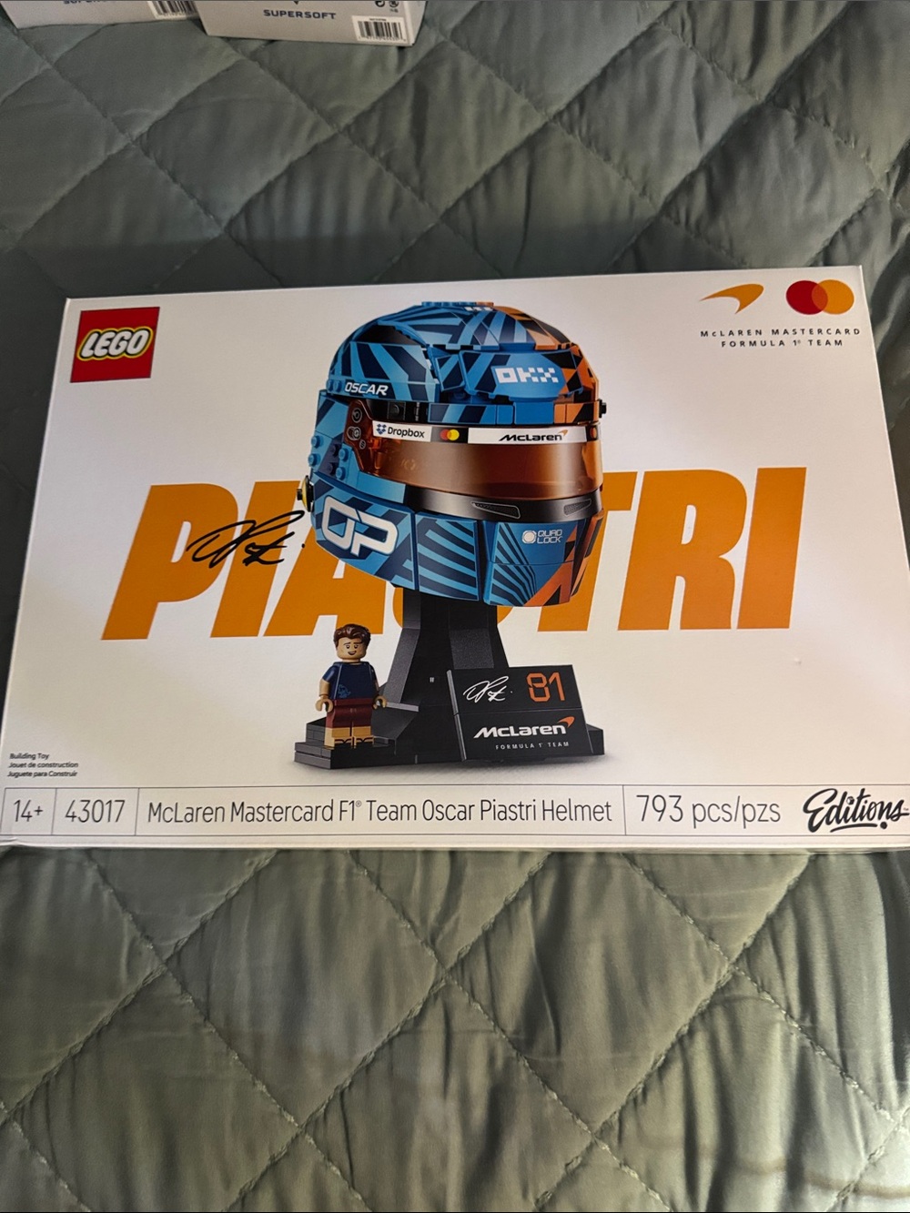 Lego McLaren Helmet Display in Blue and Orange